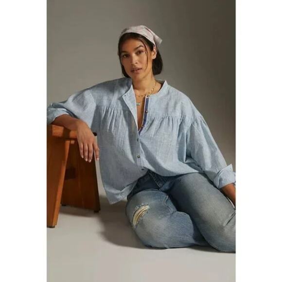 ANTHROPOLOGIE x PILCRO Peasant Button Down Shirt Blue Stripe Sz XLP NWT {HH18} - Picture 4 of 4